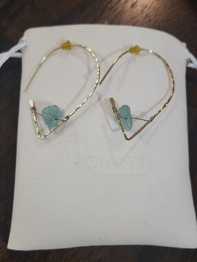 Gold Teardrop Earrings with Seafoam Blue Stones